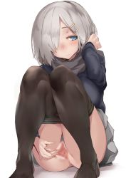 Rule 34 | 10s, 1girl, absurdres, alternate costume, bad id, bad twitter id, blue eyes, blush, breasts, censored, clothes pull, female pubic hair, hair ornament, hair over one eye, hairclip, hamakaze (kancolle), highres, kantai collection, kupaa, large breasts, pantyhose, pantyhose pull, pubic hair, pussy, sabaku no tanuki, scarf, short hair, silver hair, smile, solo, spread pussy, sweater