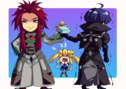 Rule 34 | 1girl, 2boys, ahoge, belt, blonde hair, blue hair, boots, chibi, clarissa arwin, coat, elbow gloves, enoo, felius arwin, from behind, full body, gift, gloves, holding, holding gift, kressen, kressen (wild arms), long hair, multiple boys, open mouth, pants, purple eyes, red hair, sidelocks, simple background, skirt, smile, surprised, thighhighs, twintails, two-tone background, white day, wild arms, wild arms xf