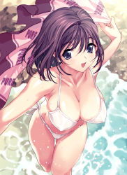 Rule 34 | 1girl, :d, bikini, black legwear, blue eyes, blush, breasts, brown hair, cleavage, collarbone, covered erect nipples, from above, holding, konsu konsuke, large breasts, looking at viewer, looking up, navel, open mouth, original, outstretched arms, short hair, smile, solo, spread arms, swimsuit, towel, wading, water, white bikini