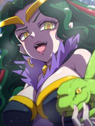 Rule 34 | 1girl, :d, breasts, cleavage, crescent, crescent earrings, earrings, green eyes, green hair, jewelry, large breasts, long hair, looking at viewer, open mouth, ophiuchus (precure), pointy ears, precure, smile, snake, solo, star-shaped pupils, star (symbol), star twinkle precure, symbol-shaped pupils, teeth, tj-type1, tongue, upper body