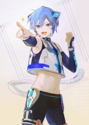 Rule 34 | 1boy, :d, absurdres, animal ears, armpits, beileimao, blue eyes, blue hair, cat boy, cat ears, hands up, highres, kaito (vocaloid), male focus, midriff, neko cyber, open mouth, pointing, smile, solo, vocaloid
