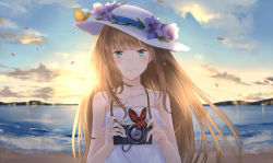 Rule 34 | 1girl, bare shoulders, beach, blonde hair, blue eyes, blue sky, bug, butterfly, camera, cloud, commentary, day, flower, hat, hat flower, bug, kachiino, long hair, looking at viewer, mountain, original, outdoors, petals, sky, sleeveless, smile, solo, tears
