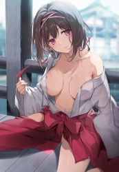 Rule 34 | 1girl, artist name, blurry, blurry background, blush, breasts, brown hair, cleavage, collarbone, commentary request, dated, hairband, hakama, highres, japanese clothes, karory, large breasts, looking at viewer, miko, navel, off shoulder, original, outdoors, parted lips, purple eyes, red hairband, red hakama, short hair, sitting, solo, sweat