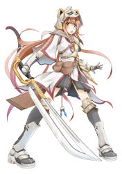 Rule 34 | 1girl, animal ears, belt, black skirt, blush, boots, brown hair, cat tail, fake animal ears, female focus, flask (pandora), gauntlets, hair ornament, hairclip, helmet, heterochromia, highres, holding, holding sword, holding weapon, long hair, open mouth, original, simple background, skirt, solo, sword, tail, thighhighs, weapon, white background, zettai ryouiki