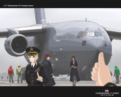 Rule 34 | 2661789381, 3girls, 3others, blonde hair, blue eyes, boeing c-17, breast pocket, brown hair, buttons, cargo aircraft, coat, hat, helmet, highres, index finger raised, military uniform, multiple girls, multiple others, peaked cap, pocket, red hair, service ribbon, thumbs up, uniform, vest, warship girls r
