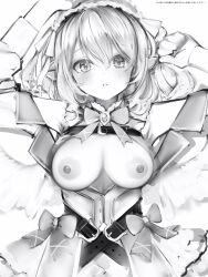 Rule 34 | 1girl, absurdres, arms up, belt, blush, bow, bowtie, breasts, feathered wings, greyscale, hair between eyes, highres, looking at viewer, medium breasts, monochrome, nanase eru, nanashi (nlo), nipples, parted lips, simple background, sketch, solo, upper body, varium, virtual youtuber, wings