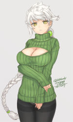Rule 34 | 10s, 1girl, black pantyhose, braid, breasts, cleavage, cleavage cutout, clothing cutout, crotch seam, kantai collection, large breasts, long hair, looking at viewer, meme attire, open-chest sweater, panties, panties under pantyhose, pantyhose, ribbed sweater, rokuwata tomoe, simple background, solo, standing, sweater, thighband pantyhose, turtleneck, underwear, unryuu (kancolle), white hair, yellow eyes