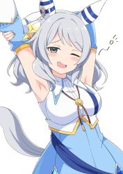 Rule 34 | 1girl, animal ears, armpits, arms up, blush, breasts, brown eyes, commentary request, detached sleeves, grey hair, hair ornament, highres, hishi miracle (umamusume), horse ears, horse girl, horse tail, kamuraaa 615, looking at viewer, medium breasts, one eye closed, open mouth, simple background, sleepy, solo, stretching, tail, umamusume, white background