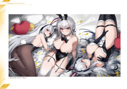 Rule 34 | 3girls, animal, animal ears, arm support, ass, azur lane, bare shoulders, bed sheet, between breasts, bird, black leotard, blue eyes, blush, braid, breasts, cleavage, closed mouth, copyright name, detached collar, elbow gloves, fake animal ears, fake tail, frills, from side, garter straps, gloves, grey hair, hair ornament, hand on own chest, heart, heart-shaped pillow, highleg, highleg leotard, highres, kursk (azur lane), large breasts, leotard, long hair, looking at viewer, lying, maenoo, mainz (azur lane), manjuu (azur lane), multiple girls, necktie, non-web source, official art, on back, pantyhose, parted lips, petals, pillow, playboy bunny, rabbit ears, rabbit tail, red eyes, sevastopol (azur lane), shiny skin, sideboob, sitting, small breasts, smile, strapless, strapless leotard, tail, thighhighs, very long hair, white hair