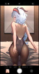 Rule 34 | 1girl, absurdres, ahoge, ass, back, backless leotard, bare back, bare shoulders, bed, black leotard, blue hair, blush, brown pantyhose, butt crack, commentary request, covered erect nipples, from behind, ganyu (genshin impact), genshin impact, goat horns, heart, heart-shaped pupils, highres, horns, kneeling, leotard, long hair, looking back, on bed, paid reward available, pantyhose, pink eyes, sleeveless, solo, strapless, strapless leotard, symbol-shaped pupils, television, terebi (shimizu1996), viewfinder