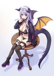 Rule 34 | 1girl, absurdres, bad id, bad twitter id, bikini, black bikini, black footwear, black jacket, black thighhighs, boots, breasts, candy, choker, cleavage, dragon girl, dragon horns, dragon tail, dragon wings, food, food in mouth, frilled choker, frills, front-tie bikini top, front-tie top, headdress, highres, holding, horns, jacket, large breasts, lollipop, long hair, long sleeves, looking at viewer, mask, mask pull, mouth mask, multi-strapped bikini, multicolored hair, nail polish, navel, open clothes, open jacket, open mouth, original, purple eyes, shouhei, side-tie bikini bottom, silver hair, sitting, sitting on table, solo, stomach, streaked hair, string bikini, swimsuit, table, tail, thighhighs, thighs, wings