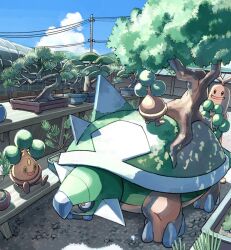 Rule 34 | black eyes, blue sky, bonsai, bonsly, cloud, commentary request, creatures (company), dappled sunlight, day, fence, game freak, gen 2 pokemon, gen 4 pokemon, happy, highres, looking at another, mountainous horizon, mukiguri, nintendo, no humans, open mouth, outdoors, plant, pokemon, pokemon (creature), potted plant, power lines, red eyes, sky, smile, spikes, standing, sudowoodo, sunlight, torterra, tree, twitter username, utility pole, wooden fence, yellow eyes