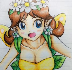 Rule 34 | 1girl, alternate costume, blue eyes, blush, breasts, brown hair, cleavage, earrings, fairy, flower earrings, flower hat, grin, highres, jewelry, large breasts, leaves, mario (series), mario kart, mario kart tour, night6514, nintendo, open mouth, princess daisy, skirt, smile, solo, tomboy, traditional media, wings