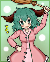 Rule 34 | 1girl, animal ears, arm up, bamboo broom, blush, broom, dress, eruru (erl), fang, female focus, framed, green eyes, green hair, hand on own hip, highres, holding up, kasodani kyouko, lights, long sleeves, looking at viewer, matching hair/eyes, nail polish, open mouth, outside border, pink dress, red nails, short hair, smile, solo, touhou