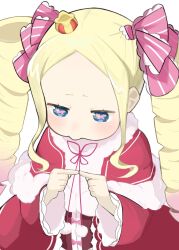 Rule 34 | 1girl, beatrice (re:zero), blonde hair, blue eyes, blush, butterfly-shaped pupils, capelet, commentary request, crown, dress, drill hair, forehead, fur-trimmed capelet, fur trim, grey background, hair ribbon, highres, index fingers together, long hair, mini crown, nico kaki, pink ribbon, re:zero kara hajimeru isekai seikatsu, red capelet, red dress, ribbon, sidelocks, simple background, solo, symbol-shaped pupils, twin drills