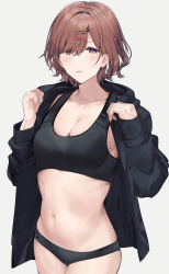 Rule 34 | 1girl, black jacket, black sports bra, blush, breasts, brown hair, cleavage, collarbone, cowboy shot, grey background, hair ornament, hairclip, highres, higuchi madoka, idolmaster, idolmaster shiny colors, jacket, large breasts, long sleeves, looking at viewer, mole, mole on breast, mole under eye, navel, open clothes, open jacket, pol winner, purple eyes, short hair, simple background, solo, sports bra