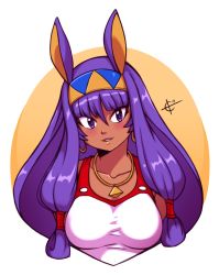 Rule 34 | 1girl, 2019, blush, breasts, collarbone, dark-skinned female, dark skin, earrings, fate/grand order, fate (series), hairband, highres, jewelry, long hair, looking at viewer, medium breasts, necklace, nitocris (fate), nitocris (fate/grand order), nitocris (swimsuit assassin) (fate), nitocris (swimsuit assassin) (second ascension) (fate), parted lips, purple eyes, purple hair, smile, solo, taggo, upper body, very long hair