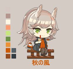 Rule 34 | 1girl, animal, asymmetrical sleeves, autumn leaves, azur lane, bird, black footwear, black jacket, blush stickers, brown thighhighs, cabbie hat, chick, closed mouth, clothed animal, color guide, commentary request, cup, drawstring, drinking straw, green eyes, grey background, grey hair, hat, head wings, highres, holding, holding cup, jacket, janyhero, kitakaze (azur lane), layered sleeves, long hair, long sleeves, looking at viewer, manjuu (azur lane), open clothes, open jacket, orange hat, orange sweater, ribbed sweater, short over long sleeves, short sleeves, sitting, smile, solo, sweater, thighhighs, uneven sleeves, very long hair, wings
