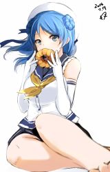 Rule 34 | 10s, 1girl, blue eyes, blue hair, covering own mouth, doughnut, elbow gloves, food, gloves, hat, highres, kantai collection, matching hair/eyes, momo (higanbana and girl), sailor collar, sleeves rolled up, solo, urakaze (kancolle), white gloves, white hat