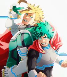 Rule 34 | 2boys, :d, all might, arm up, black bodysuit, blonde hair, blue eyes, bodysuit, boku no hero academia, cape, commentary, cosplay, costume switch, elbow gloves, english commentary, freckles, gloves, green bodysuit, green cape, green eyes, green hair, grey bodysuit, hand on own hip, highres, male focus, midoriya izuku, multicolored bodysuit, multicolored clothes, multiple boys, open mouth, red cape, short hair, smile, teeth, trevo (trevoshere), twitter username, upper body, v, white gloves