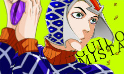 Rule 34 | 1boy, argyle, argyle clothes, argyle sweater, black eyes, blurry, character name, depth of field, guido mista, gun, hadashi (sgsm070911), hat, holding, holding weapon, jojo no kimyou na bouken, open mouth, sex pistols (stand), stand (jojo), sweater, upper body, weapon