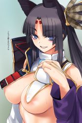 Rule 34 | 1girl, armor, asymmetrical sleeves, black hair, blue eyes, blush, breast curtains, breasts, covered erect nipples, detached sleeves, fate/grand order, fate (series), feather hair ornament, feathers, gachou, grin, hair bun, hair ornament, highres, japanese armor, large areolae, large breasts, long hair, looking at viewer, mismatched sleeves, parted bangs, pom pom (clothes), revealing clothes, side bun, side ponytail, sidelocks, single side bun, smile, solo, translation request, ushiwakamaru (fate), wide sleeves