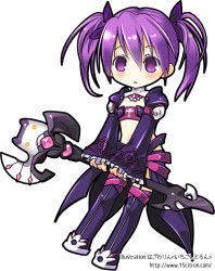 Rule 34 | 1girl, :&lt;, aisha landar, bandeau, blush, boots, detached collar, elsword, full body, ichigo citron, looking at viewer, midriff, no nose, purple eyes, purple footwear, purple hair, purple thighhighs, short hair, solo, staff, thigh boots, thighhighs, transparent background, twintails, void princess, void princess (elsword), watermark, web address, white background