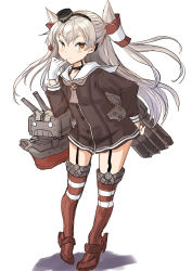 Rule 34 | 1girl, amatsukaze (kancolle), brown dress, brown neckerchief, commentary request, dress, fuji (pixiv24804665), garter straps, gloves, hair tubes, hat, highres, kantai collection, lifebuoy ornament, long hair, machinery, mini hat, neckerchief, red thighhighs, rensouhou-kun, sailor collar, sailor dress, short dress, silver hair, simple background, single glove, smokestack hair ornament, solo, striped clothes, striped thighhighs, thighhighs, two side up, white background, white sailor collar