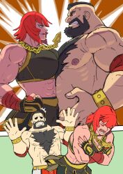 Rule 34 | 1boy, 1girl, abs, beard, biceps, black gloves, black sports bra, chain, chain necklace, chest hair, comic, facial hair, fingerless gloves, gloves, gold chain, highres, jewelry, marisa (street fighter), mohawk, muscular, muscular female, necklace, red hair, short hair, skirt, smile, sports bra, street fighter, street fighter 6, urasato, zangief