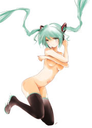Rule 34 | 1girl, artist name, bad id, bad pixiv id, boots, breasts, crossed arms, digital dissolve, floating hair, full body, green eyes, green hair, hatsune miku, headset, highres, kowiru, matching hair/eyes, nude, simple background, solo, thigh boots, thighhighs, twintails, underboob, vocaloid, white background