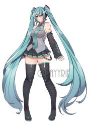Rule 34 | 1girl, absurdres, aqua eyes, aqua hair, aqua nails, aqua necktie, bare shoulders, black footwear, black skirt, black thighhighs, boots, breasts, closed mouth, collared shirt, derivative work, detached sleeves, frilled shirt collar, frills, full body, grey shirt, hair between eyes, hatsune miku, headphones, headset, highres, long hair, looking at viewer, nail polish, necktie, pigeon-toed, pleated skirt, rayrie, shirt, simple background, skirt, sleeveless, sleeveless shirt, small breasts, smile, solo, standing, tattoo, thigh boots, thighhighs, twintails, twitter username, very long hair, vocaloid, vocaloid boxart pose, watermark, white background, zettai ryouiki