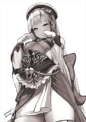 Rule 34 | 1girl, bare shoulders, belt, beret, blunt bangs, blush, braid, breasts, closed mouth, detached sleeves, dress, erune, eyeliner, granblue fantasy, greyscale, hands up, hat, highres, long hair, looking at viewer, makeup, monochrome, nosuku, paw pose, pholia, sash, short eyebrows, simple background, small breasts, smile, solo, thighs, very long hair, white background, wide sleeves