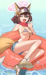 Rule 34 | 1girl, absurdres, animal ear fluff, animal ears, bikini, blue archive, blue shorts, breasts, brown hair, denim, denim shorts, eo8926, fang, fox ears, fox girl, fox shadow puppet, fox tail, front-tie bikini top, front-tie top, full body, halo, highres, innertube, izuna (blue archive), izuna (swimsuit) (blue archive), looking at viewer, medium breasts, one eye closed, open mouth, pink halo, red scarf, sandals, scarf, shoe soles, shorts, skin fang, smile, solo, striped bikini, striped clothes, swim ring, swimsuit, tail, visor cap, water, wet, yellow eyes