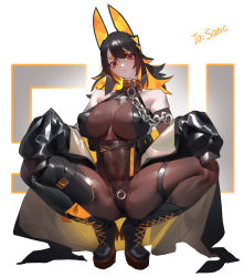 Rule 34 | 1girl, absurdres, animal ears, bare shoulders, black footwear, black hair, black jacket, black thighhighs, blonde hair, boots, brown collar, brown eyes, chain, closed mouth, collar, collarbone, covered erect nipples, covered navel, eyelashes, hair between eyes, high heel boots, high heels, highres, jacket, long hair, looking at viewer, multicolored clothes, multicolored hair, multicolored jacket, nicholas f, o-ring, open clothes, open jacket, original, single thighhigh, skindentation, sleeves past fingers, sleeves past wrists, solo, spread legs, squatting, thigh strap, thighhighs, triangle, two-tone hair, two-tone jacket, yellow jacket