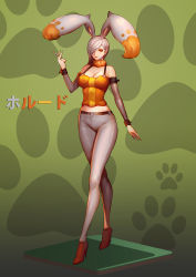 Rule 34 | 10s, 1girl, animal ears, bare shoulders, breasts, cigarette, creatures (company), detached sleeves, diggersby, female focus, full body, game freak, gen 6 pokemon, gradient background, grey hair, high heels, highres, large breasts, long hair, nintendo, personification, pokemon, pokemon xy, red eyes, ryushin, solo, standing