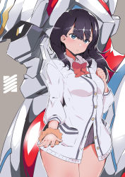 Rule 34 | 1girl, black hair, black skirt, blue eyes, bow, breasts, clenched hand, collared shirt, daison, gridman (ssss), gridman universe, hair behind ear, highres, mecha, medium breasts, medium hair, miniskirt, open hand, parted lips, red bow, robot, scrunchie, shirt, skirt, ssss.gridman, takarada rikka, wrist scrunchie, yellow eyes