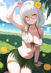 1girl absurdres arm_above_head beach bikini blush braid breasts cleavage cloud collarbone commentary english_commentary faeflan flower glasses gradient_hair grass grass_skirt grey_hair hair_flower hair_ornament hair_ribbon highres instrument kanna_yanagi maracas multicolored_hair navel palm_leaf pixellink ribbon semi-rimless_eyewear shell shell_bikini sideboob signature smile solo stomach swimsuit thigh_strap twitter_username underboob virtual_youtuber yellow_eyes