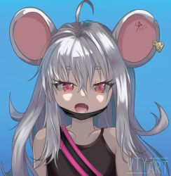 Rule 34 | 1girl, ahoge, animal ears, artist name, bad id, bad pixiv id, blue archive, crop top, dot nose, fang, hidanvt, highres, long hair, looking at viewer, mouse ears, mouse girl, open mouth, red eyes, saya (blue archive), saya (casual) (blue archive)