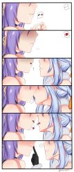 Rule 34 | !, ..., 2girls, ?, after kiss, black choker, blue hair, blush, carrot hair ornament, choker, close-up, finger to another&#039;s mouth, food-themed hair ornament, food themed hair ornament, french kiss, from side, hair ornament, highres, hololive, hololive indonesia, kiss, makeitezz21, moona hoshinova, multiple girls, open mouth, parted lips, purple hair, saliva, saliva trail, teeth, tongue, tongue out, twitter username, usada pekora, virtual youtuber, yuri