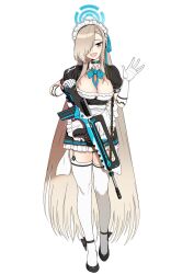 Rule 34 | 1girl, assault rifle, asuna (blue archive), blonde hair, blue archive, blue eyes, breasts, bullpup, elbow gloves, famas, gloves, gun, hair over one eye, halo, high heels, highres, large breasts, long hair, maid, mushroom (osh320), open mouth, rifle, thighhighs, very long hair, waving, weapon, white gloves, white thighhighs