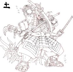 Rule 34 | armor, bug, fantasy, helmet, katana, male focus, monochrome, monster, multi arm, multi limb, nezunezu, samurai, sandals, simple background, sketch, sword, translation request, weapon