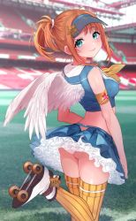 Rule 34 | 1girl, ahoge, angel wings, aqua eyes, armband, ass, bare shoulders, blue shirt, blue skirt, blurry, blurry background, breasts, cheerleader, closed mouth, collared shirt, crop top, day, depth of field, fang, feathered wings, from behind, hat ornament, head tilt, highres, komazuki (komaworks240), layered skirt, leg up, looking at viewer, looking back, medium breasts, midriff, miniskirt, multicolored hair, neckerchief, orange hair, original, outdoors, panties, pink hair, pleated skirt, ponytail, ribbed legwear, roller skates, shirt, shoes, sidelocks, skates, skirt, sleeveless, sleeveless shirt, smile, solo, stadium, standing, standing on one leg, star (symbol), streaked hair, thighhighs, underwear, visor cap, white footwear, white panties, wings, yellow neckerchief, yellow thighhighs