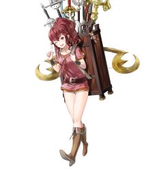 Rule 34 | 1girl, anna (fire emblem), backpack, bag, belt, boots, brown footwear, charm (object), female focus, fire emblem, fire emblem awakening, fire emblem heroes, full body, high heel boots, high heels, highres, kaya8, knee boots, long hair, matching hair/eyes, nintendo, official art, one eye closed, open mouth, ponytail, red eyes, red hair, short sleeves, shorts, smile, solo, sword, transparent background, weapon, wink