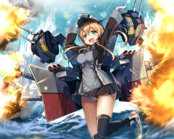 Rule 34 | 1girl, anchor hair ornament, aqua eyes, bad id, bad pixiv id, black ribbon, black skirt, black thighhighs, blonde hair, cannon, gloves, hair ornament, hat, kantai collection, low twintails, microskirt, panties, pantyshot, peaked cap, pleated skirt, prinz eugen (kancolle), ribbon, rigging, skirt, solo, thighhighs, torpedo, torpedo tubes, turret, twintails, underwear, uniform, white gloves, yu-yuuki