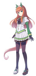 Rule 34 | 1girl, animal ears, asymmetrical footwear, black gloves, black pantyhose, closed mouth, ear covers, full body, gloves, green eyes, high heels, highres, horse ears, horse girl, horse tail, jacket, long hair, long sleeves, looking at viewer, mismatched footwear, pantyhose, pleated skirt, shiromaru illust, shoes, silence suzuka (umamusume), simple background, skirt, smile, solo, standing, tail, umamusume, white background, white jacket, white skirt