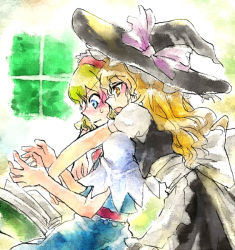 Rule 34 | 2girls, alice margatroid, apron, black dress, blonde hair, blue dress, blush, capelet, dress, female focus, from side, frown, hairband, hat, indoors, kinkirara, kirisame marisa, multiple girls, profile, puffy short sleeves, puffy sleeves, queen qko, short hair, short sleeves, touhou, upper body, waist apron, wavy hair, wavy mouth, window, witch hat, yuri