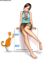 Rule 34 | 1girl, barefoot, brown eyes, brown hair, cat, clothes writing, feet, felix the cat (character), full body, head tilt, legs, long legs, original, ryu (ryu&#039;s form site), shorts, simple background, sitting, skirt, solo, white background