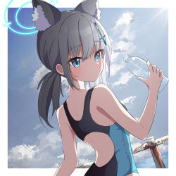 Rule 34 | 1girl, ame., animal ear fluff, animal ears, backless swimsuit, bare arms, bare shoulders, black one-piece swimsuit, blue archive, blue eyes, blue sky, blush, bottle, closed mouth, cloud, commentary request, day, from behind, grey hair, hair between eyes, hair ornament, halo, highres, holding, holding bottle, looking at viewer, looking back, one-piece swimsuit, shiroko (blue archive), shiroko (swimsuit) (blue archive), sky, solo, swimsuit, water bottle