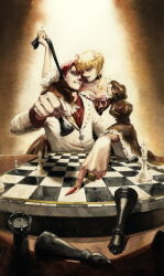 1boy 1girl beatrice_(umineko) black_necktie blonde_hair board_game brown_dress chess chessboard dress foreshortening formal highres jacket necktie necktie_grab neckwear_grab nicetoart painting_(medium) red_hair red_nails red_shirt shirt suit traditional_media umineko_no_naku_koro_ni ushiromiya_battler watercolor_(medium) white_jacket