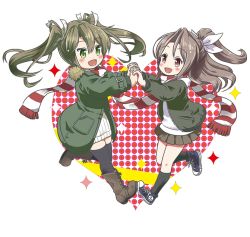 Rule 34 | boots, brown footwear, brown hair, coat, dress, green coat, green eyes, green hair, green jacket, heart, holding hands, interlocked fingers, jacket, kantai collection, kneehighs, miniskirt, open mouth, opengear, pleated skirt, ponytail, red eyes, scarf, shared clothes, shared scarf, shoes, short dress, skirt, smile, sneakers, socks, striped clothes, striped scarf, sweater, sweater dress, thighhighs, twintails, yuri, zuihou (kancolle), zuikaku (kancolle)